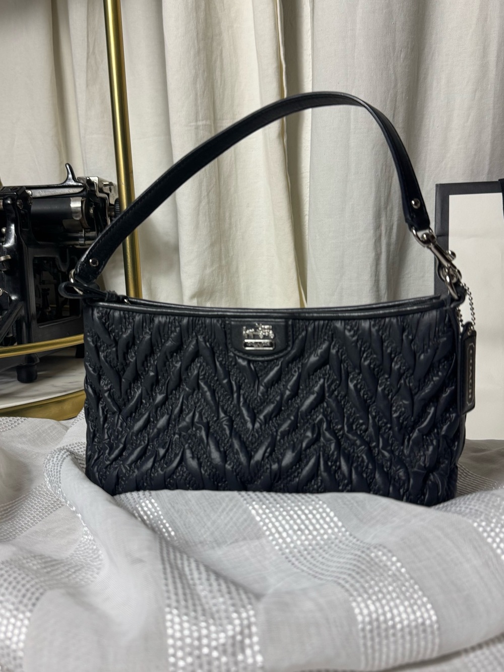 Vintage Y2K Coach 70th anniversary Black nylon Quilted Shoulder Bag Handle Tag